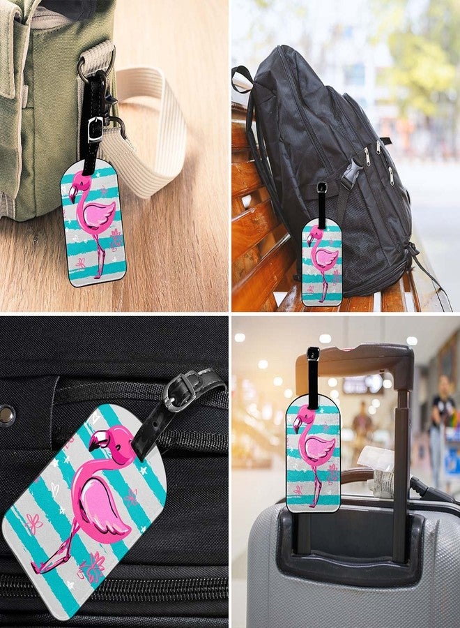 Zoczos Pink Flamingo Leather Luggage Bag Case Tags Hand Drawn Animal Blue Stripes Flower Stars Hearts Wildlife Baggage Suitcase Labels Name Tags Travel Accessories for Adult Women Men, 1 Pack - Image 4